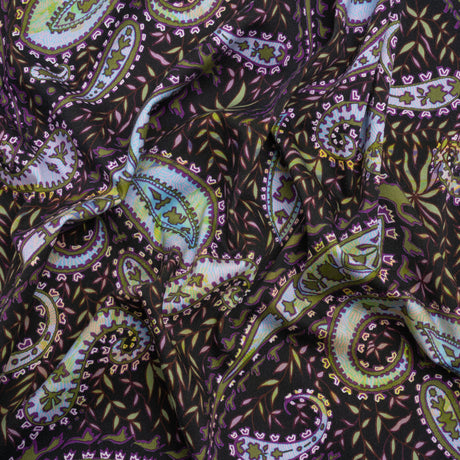 Stretch Cotton and Viscose Sateen Print - Black, Green and Purple Paisley and Leaves - Mood Exclusive Leafy Life