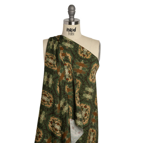 Viscose Twill Print - Green and Tan Leafy Ikat Medallions - Mood Exclusive Acacia Arena