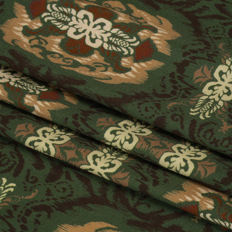 Viscose Twill Print - Green and Tan Leafy Ikat Medallions - Mood Exclusive Acacia Arena