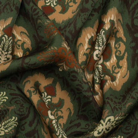 Viscose Twill Print - Green and Tan Leafy Ikat Medallions - Mood Exclusive Acacia Arena