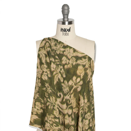 Sustainable Viscose Crepe Print - Olive Green and Beige Ikat Floral - Mood Exclusive Harvest Moon
