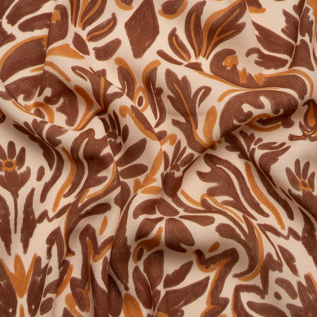 Sustainable Viscose Crepe Print - Beige, Burgundy and Orange Floral Damask - Mood Exclusive Pieces into Place