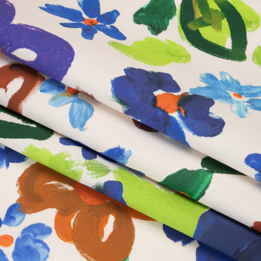 Stretch Cotton Canvas Print - White, Blue and Green Painterly Floral - Mood Exclusive Fingerpainted Flowers