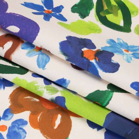 Stretch Cotton Canvas Print - White, Blue and Green Painterly Floral - Mood Exclusive Fingerpainted Flowers