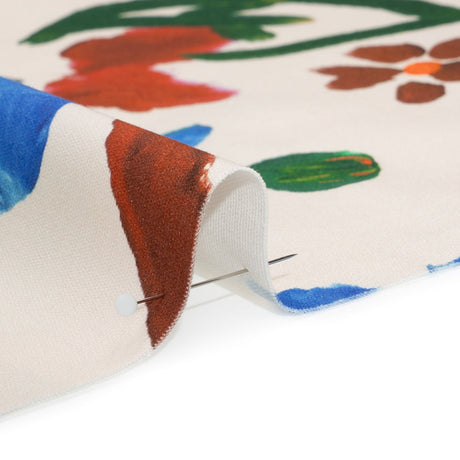 Stretch Cotton Canvas Print - White, Blue and Green Painterly Floral - Mood Exclusive Fingerpainted Flowers