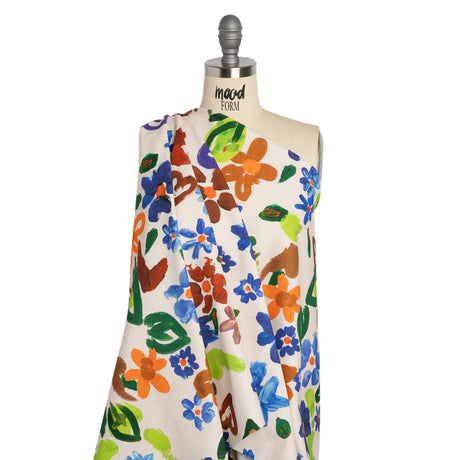 Stretch Cotton Canvas Print - White, Blue and Green Painterly Floral - Mood Exclusive Fingerpainted Flowers