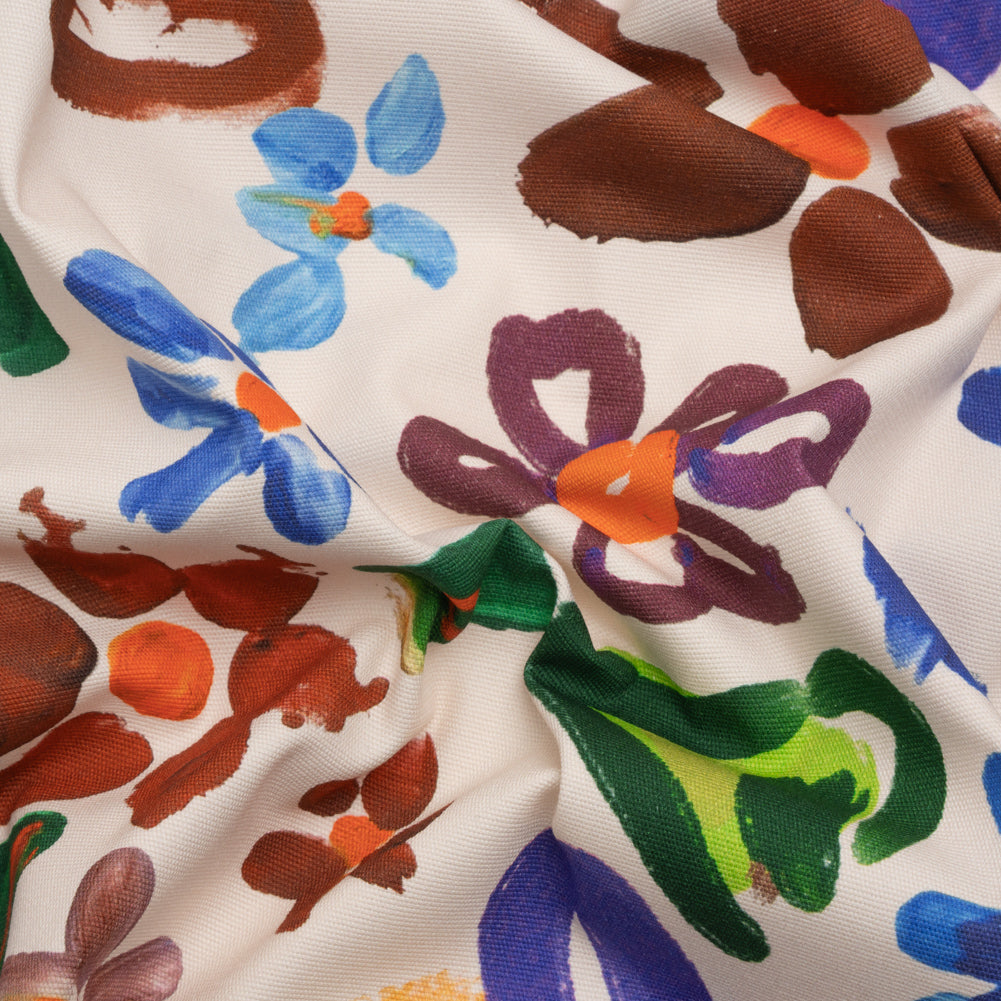 Stretch Cotton Canvas Print - White, Blue and Green Painterly Floral - Mood Exclusive Fingerpainted Flowers