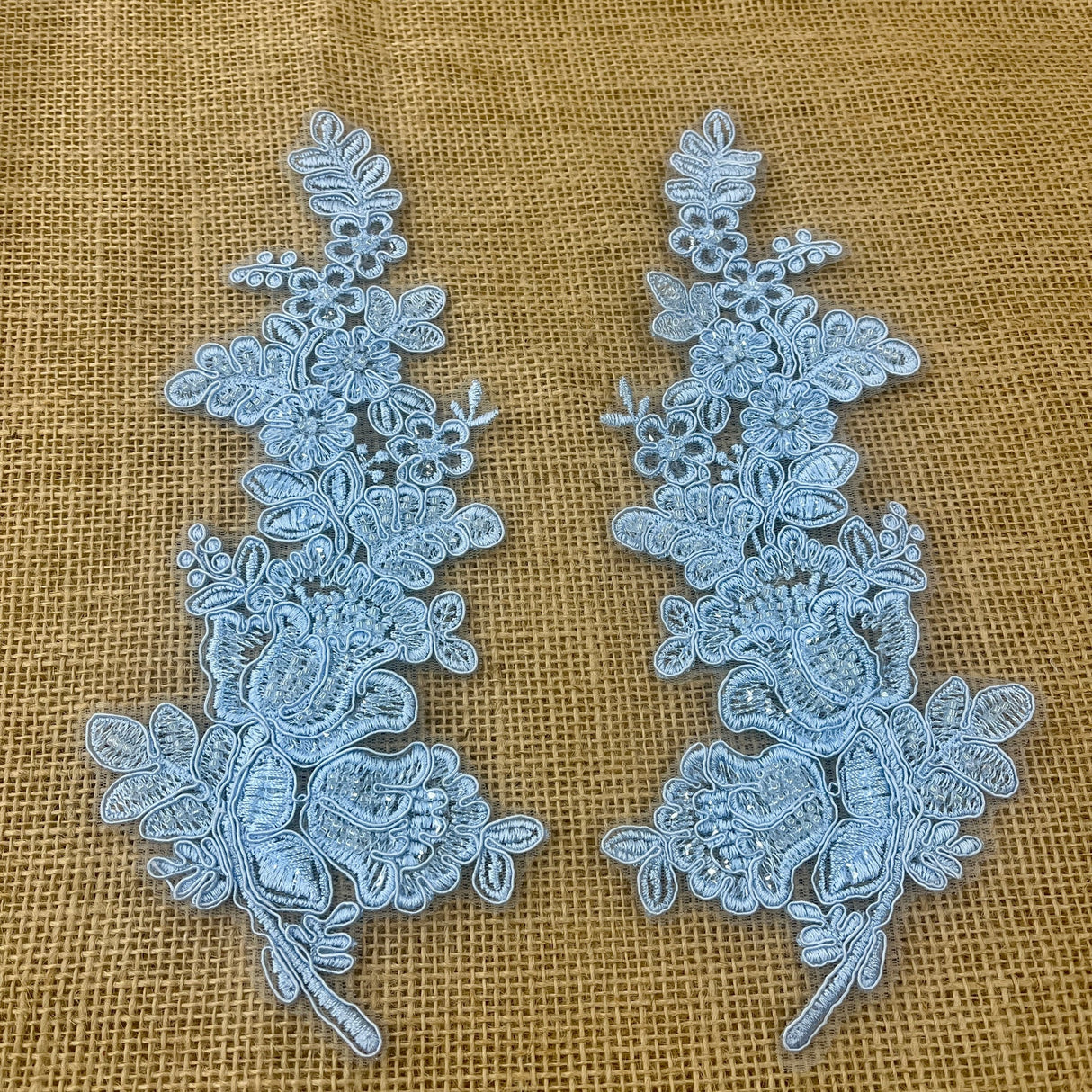 1 Pair 12" x 3.5" Beaded & Corded Floral Lace Applique 100% Polyester Net Mesh