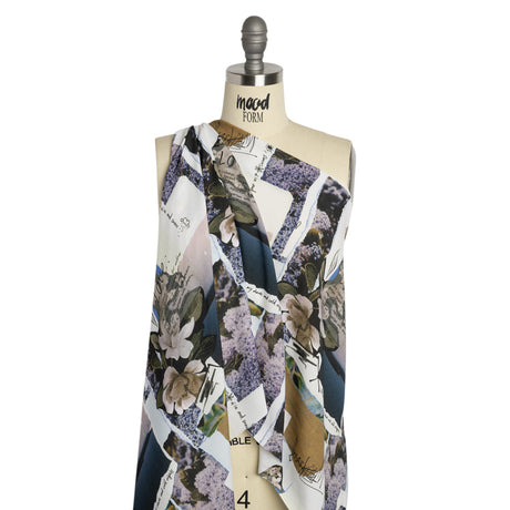 Sustainable Viscose Crepe Print - Beige and Dusty Blue Scrapbook Patchwork - Mood Exclusive Poetics of Love