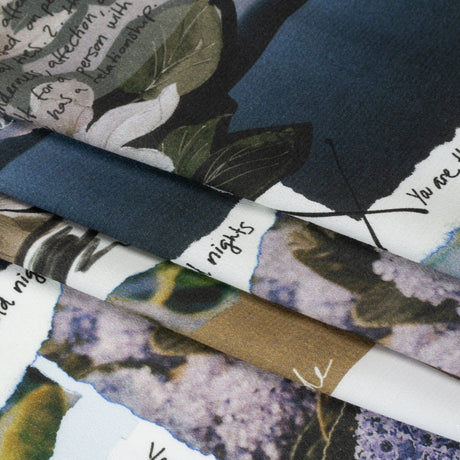 Sustainable Viscose Crepe Print - Beige and Dusty Blue Scrapbook Patchwork - Mood Exclusive Poetics of Love