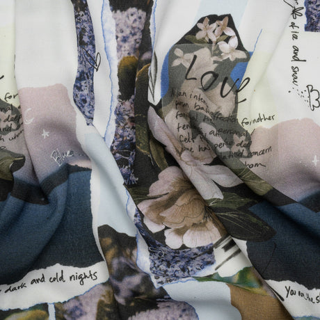 Sustainable Viscose Crepe Print - Beige and Dusty Blue Scrapbook Patchwork - Mood Exclusive Poetics of Love