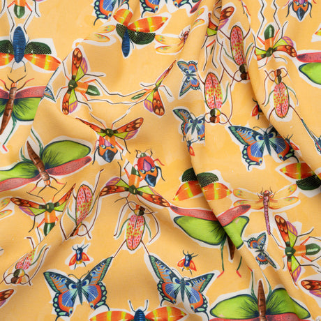 Sustainable Viscose Woven Print - Yellow and Rainbow Insects - Mood Exclusive Picnic Guests