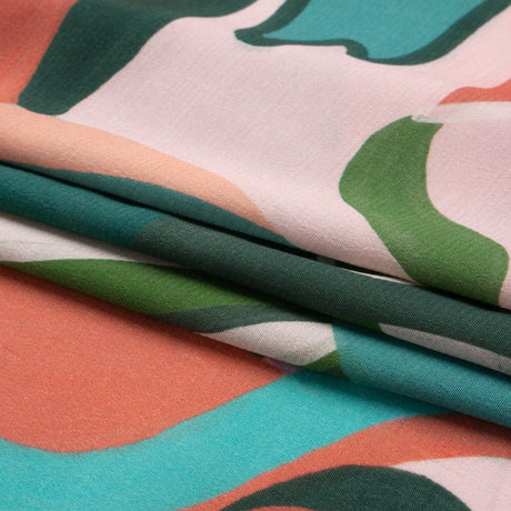 Sustainable Viscose Woven Print - Pink, Green and Blue Mushrooms and Abstract - Mood Exclusive Mid Mod Mushroom