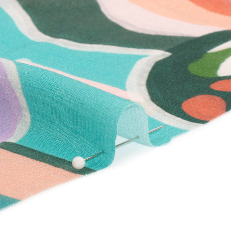 Sustainable Viscose Woven Print - Pink, Green and Blue Mushrooms and Abstract - Mood Exclusive Mid Mod Mushroom
