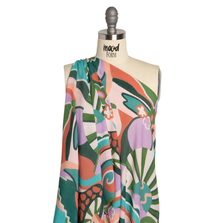 Sustainable Viscose Woven Print - Pink, Green and Blue Mushrooms and Abstract - Mood Exclusive Mid Mod Mushroom