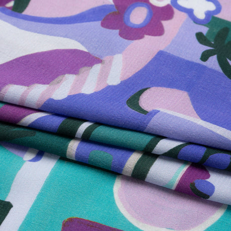 Sustainable Viscose Woven Print - Purple, Teal and Blue Mushrooms and Abstract - Mood Exclusive Mid Mod Mushroom