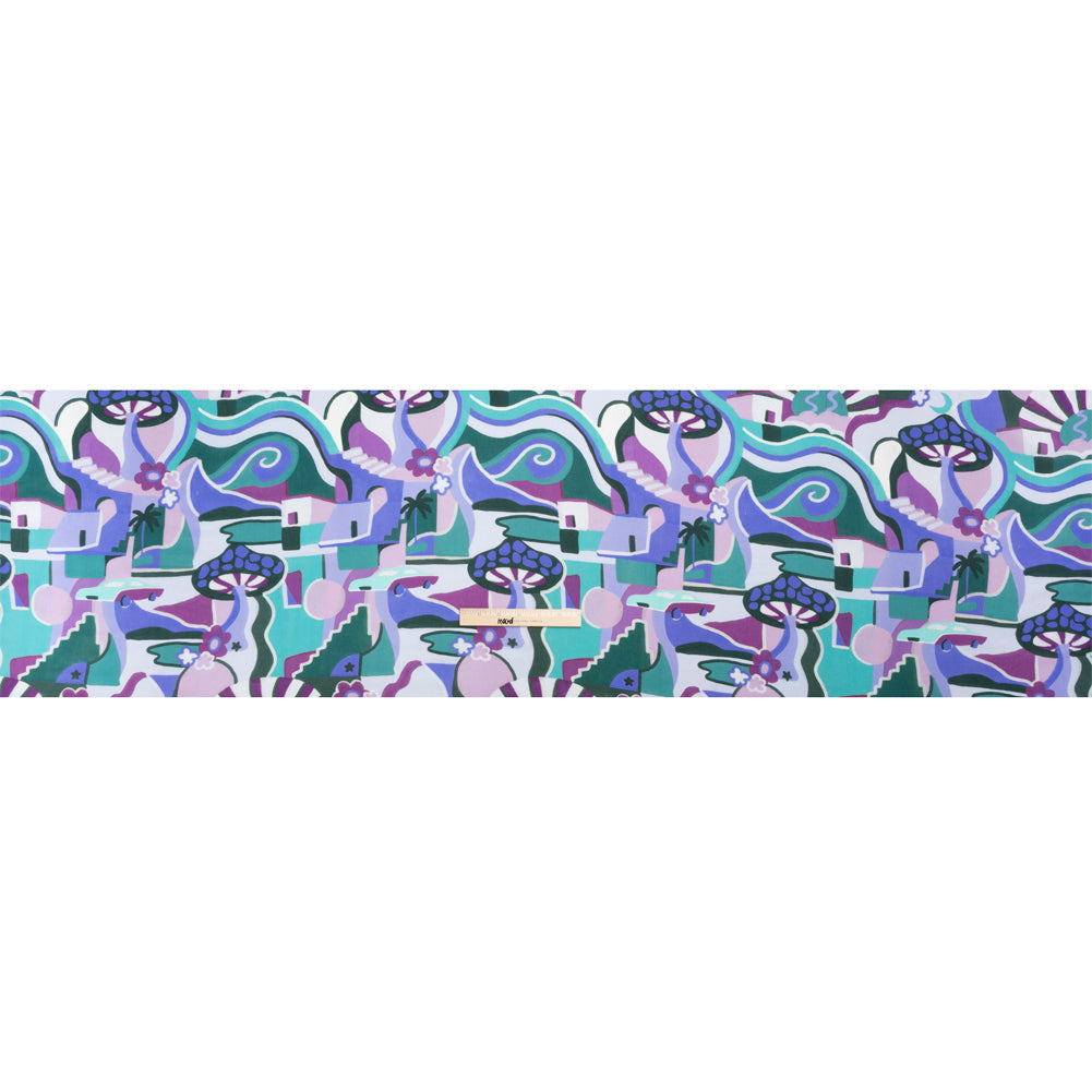 Sustainable Viscose Woven Print - Purple, Teal and Blue Mushrooms and Abstract - Mood Exclusive Mid Mod Mushroom