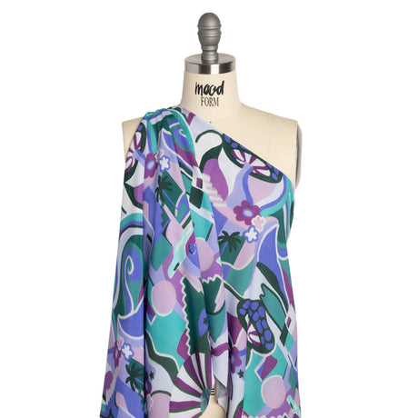 Sustainable Viscose Woven Print - Purple, Teal and Blue Mushrooms and Abstract - Mood Exclusive Mid Mod Mushroom