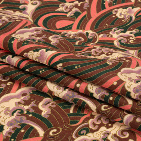 Sustainable Viscose Floral Jacquard Print - Pink, Green and Brown Striped Waves - Mood Exclusive Hokusai Hymnal