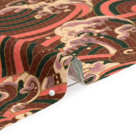 Sustainable Viscose Floral Jacquard Print - Pink, Green and Brown Striped Waves - Mood Exclusive Hokusai Hymnal