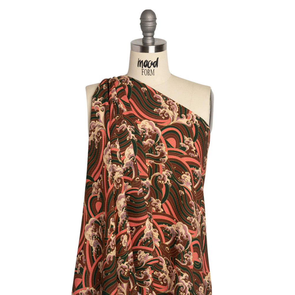 Sustainable Viscose Floral Jacquard Print - Pink, Green and Brown Striped Waves - Mood Exclusive Hokusai Hymnal