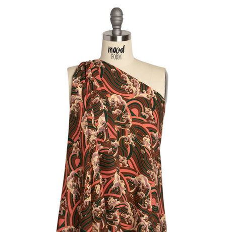 Sustainable Viscose Floral Jacquard Print - Pink, Green and Brown Striped Waves - Mood Exclusive Hokusai Hymnal