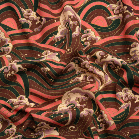 Sustainable Viscose Floral Jacquard Print - Pink, Green and Brown Striped Waves - Mood Exclusive Hokusai Hymnal
