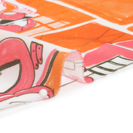 Sustainable and Recycled Viscose Satin Print - Orange and Pink Cafe Snapshots Patchwork - Mood Exclusive Italian Afternoon