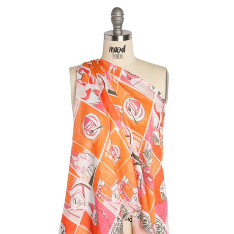 Sustainable and Recycled Viscose Satin Print - Orange and Pink Cafe Snapshots Patchwork - Mood Exclusive Italian Afternoon