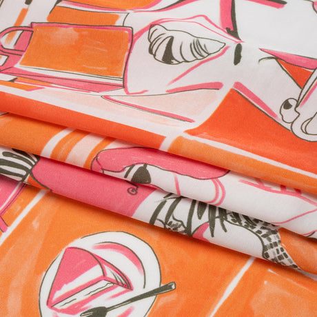 Sustainable and Recycled Viscose Satin Print - Orange and Pink Cafe Snapshots Patchwork - Mood Exclusive Italian Afternoon