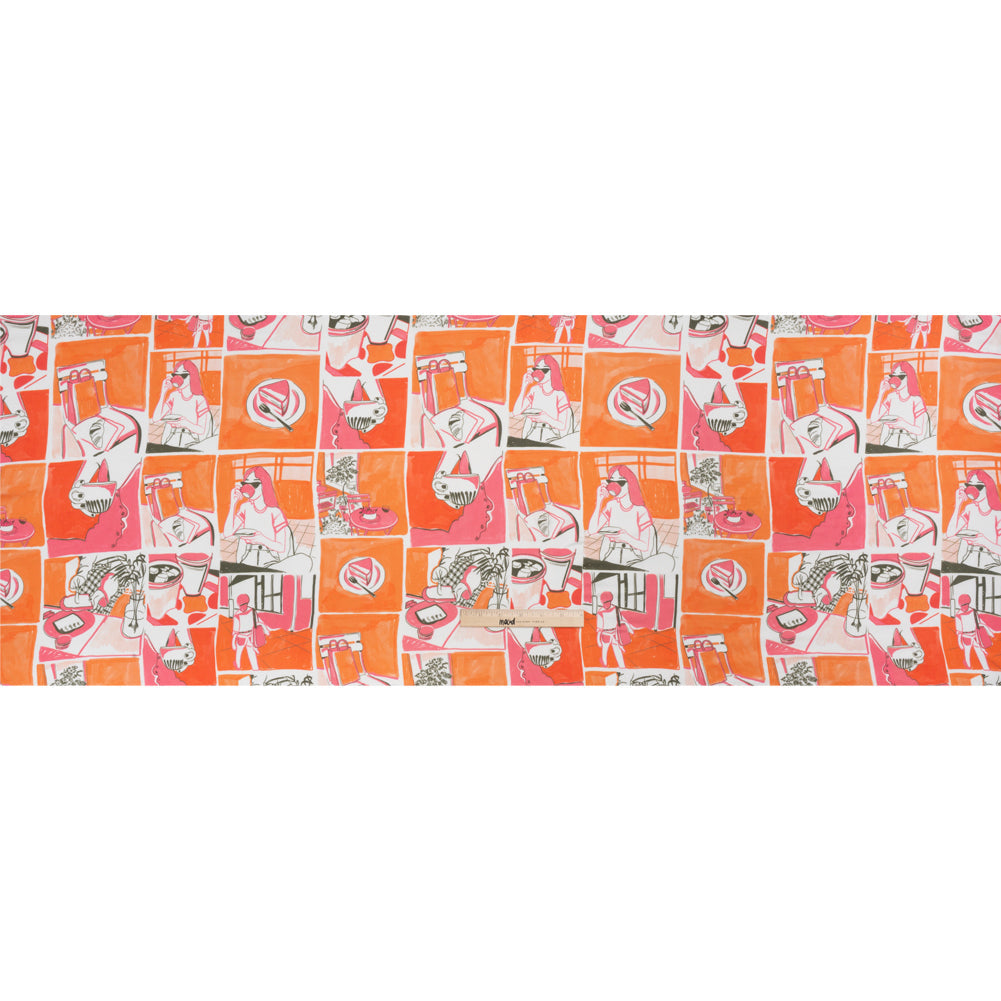 Sustainable and Recycled Viscose Satin Print - Orange and Pink Cafe Snapshots Patchwork - Mood Exclusive Italian Afternoon