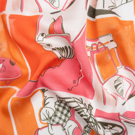 Sustainable and Recycled Viscose Satin Print - Orange and Pink Cafe Snapshots Patchwork - Mood Exclusive Italian Afternoon
