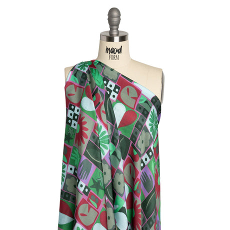 Sustainable and Recycled Viscose Satin Print - Green, Red and Gray Simple Symbols Patchwork - Mood Exclusive Come Together