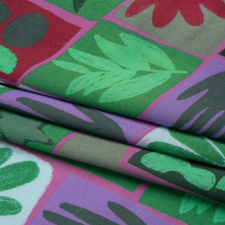 Sustainable and Recycled Viscose Satin Print - Green, Red and Gray Simple Symbols Patchwork - Mood Exclusive Come Together