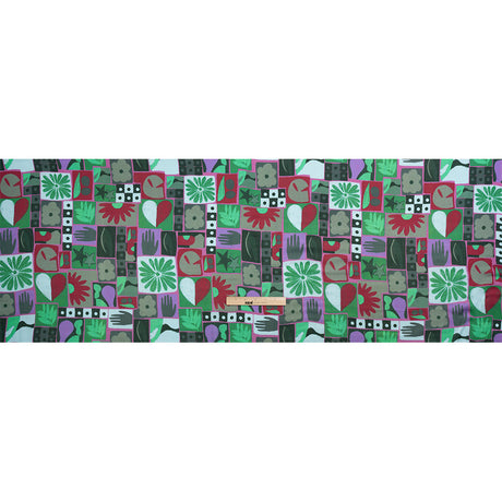 Sustainable and Recycled Viscose Satin Print - Green, Red and Gray Simple Symbols Patchwork - Mood Exclusive Come Together