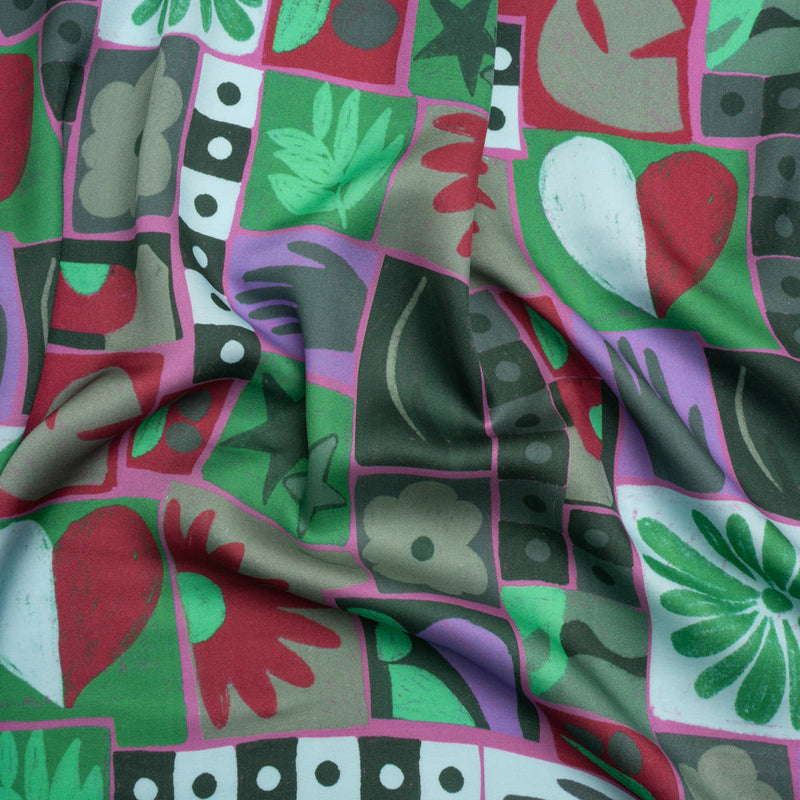 Sustainable and Recycled Viscose Satin Print - Green, Red and Gray Simple Symbols Patchwork - Mood Exclusive Come Together