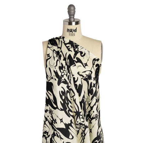 Sustainable and Recycled Viscose Satin Print - Cream and Black Abstract and Stars - Mood Exclusive Cosmic Chaos