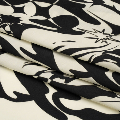 Sustainable and Recycled Viscose Satin Print - Cream and Black Abstract and Stars - Mood Exclusive Cosmic Chaos
