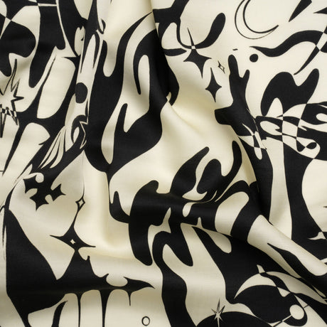Sustainable and Recycled Viscose Satin Print - Cream and Black Abstract and Stars - Mood Exclusive Cosmic Chaos