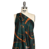 Sustainable and Recycled Viscose Satin Print - Forest Green and Orange Swirling Abstract - Mood Exclusive Atmospheric Adventure