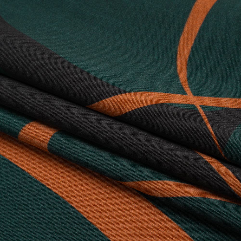 Sustainable and Recycled Viscose Satin Print - Forest Green and Orange Swirling Abstract - Mood Exclusive Atmospheric Adventure