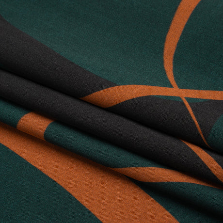 Sustainable and Recycled Viscose Satin Print - Forest Green and Orange Swirling Abstract - Mood Exclusive Atmospheric Adventure