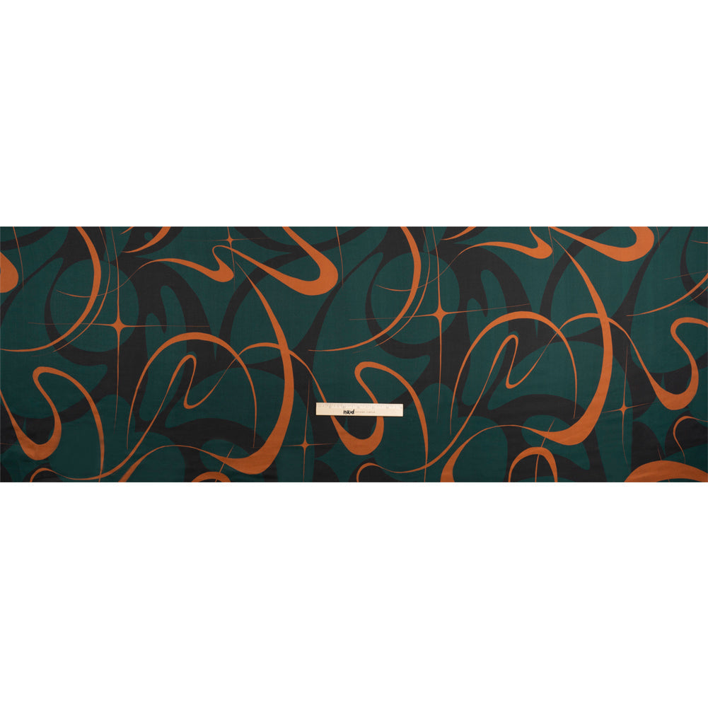 Sustainable and Recycled Viscose Satin Print - Forest Green and Orange Swirling Abstract - Mood Exclusive Atmospheric Adventure