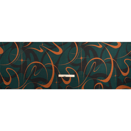 Sustainable and Recycled Viscose Satin Print - Forest Green and Orange Swirling Abstract - Mood Exclusive Atmospheric Adventure