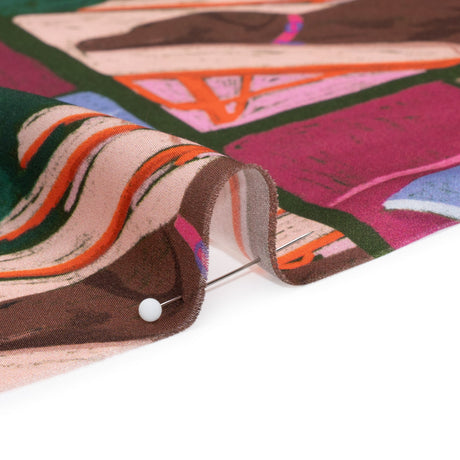 Sustainable and Recycled Viscose Satin Print - Blue, Green and Berry Red Everyday Vignettes Patchwork - Mood Exclusive Metropolitan Madness