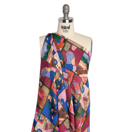 Sustainable and Recycled Viscose Satin Print - Blue, Green and Berry Red Everyday Vignettes Patchwork - Mood Exclusive Metropolitan Madness