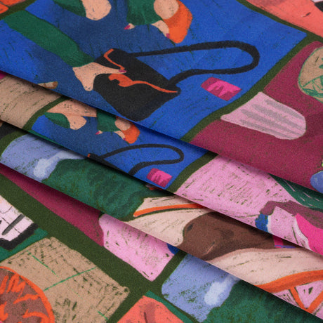Sustainable and Recycled Viscose Satin Print - Blue, Green and Berry Red Everyday Vignettes Patchwork - Mood Exclusive Metropolitan Madness
