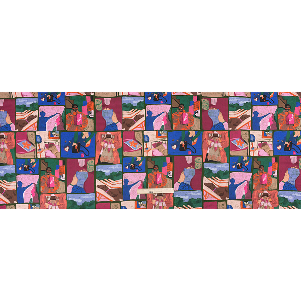 Sustainable and Recycled Viscose Satin Print - Blue, Green and Berry Red Everyday Vignettes Patchwork - Mood Exclusive Metropolitan Madness