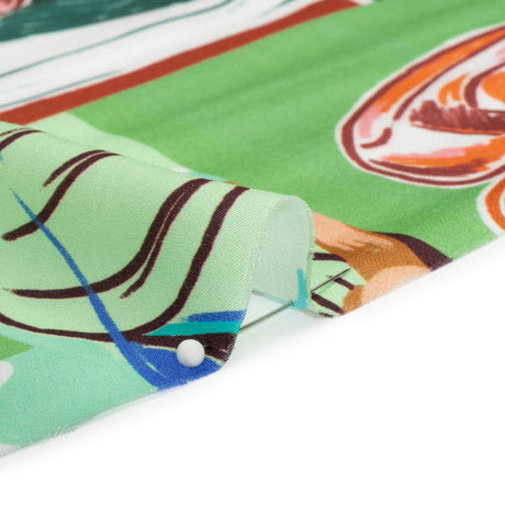 Sustainable and Recycled Viscose Satin Print - Green, Orange and Red Simple Scenes Patchwork - Mood Exclusive Perk Up
