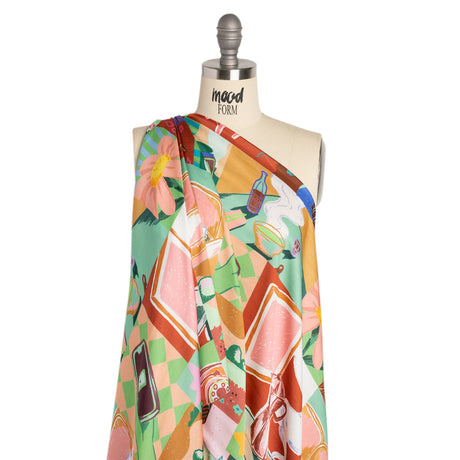 Sustainable and Recycled Viscose Satin Print - Green, Orange and Red Simple Scenes Patchwork - Mood Exclusive Perk Up